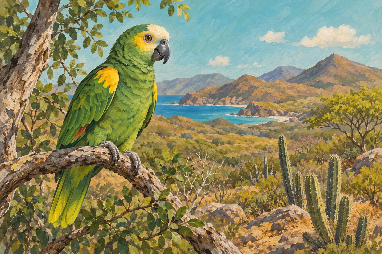 Stylized AI illustration of a parrot in dry tropical vegetation; not a wildlife photograph or identification plate