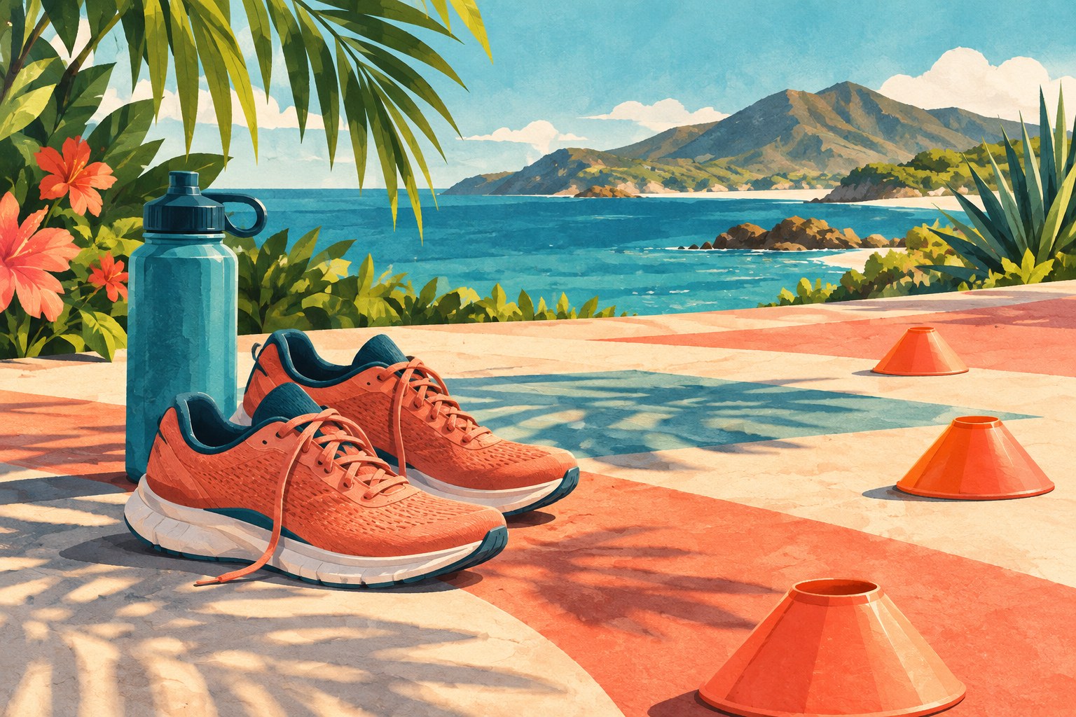 AI illustration of unbranded running shoes, a water bottle and route cones; not a photograph of NOVITO or its venue.