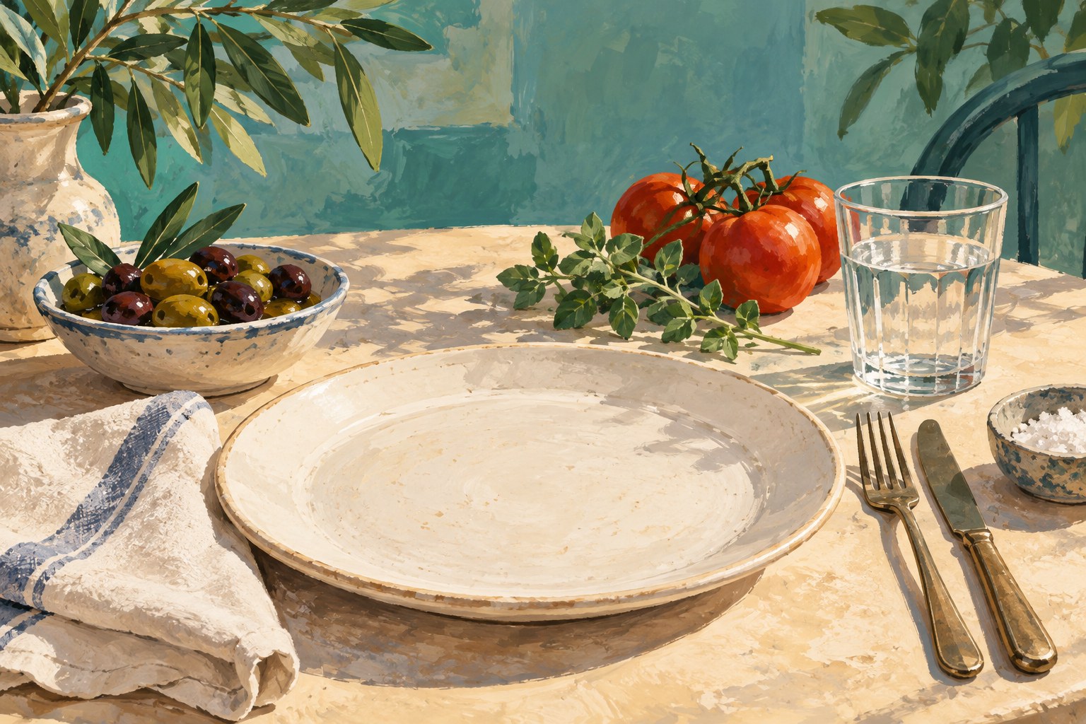 AI illustration of a Mediterranean-inspired table setting; not Aguacero's premises or menu.