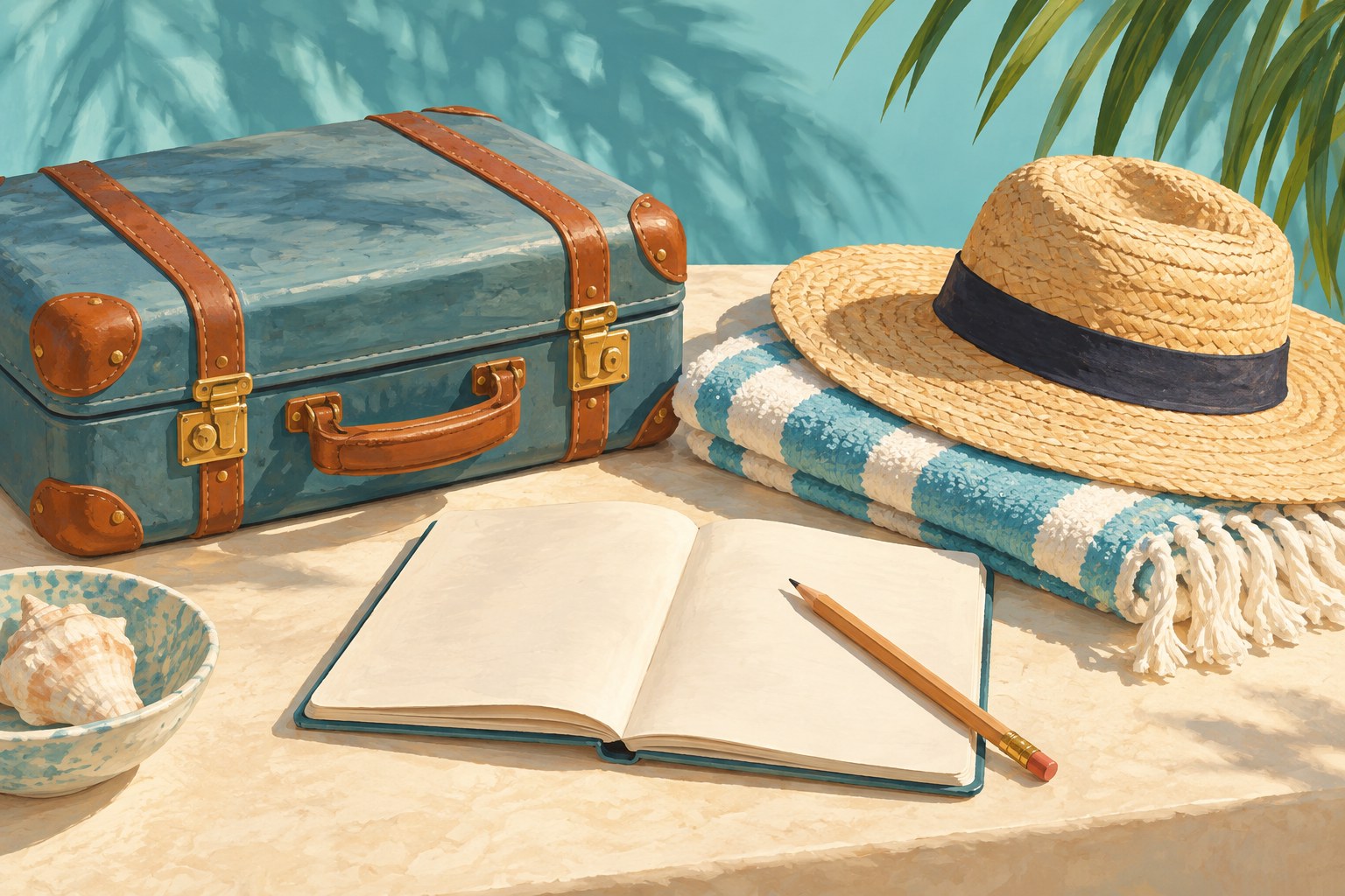 AI illustration of travel-planning items, not a photograph of LD Plus or its facilities.