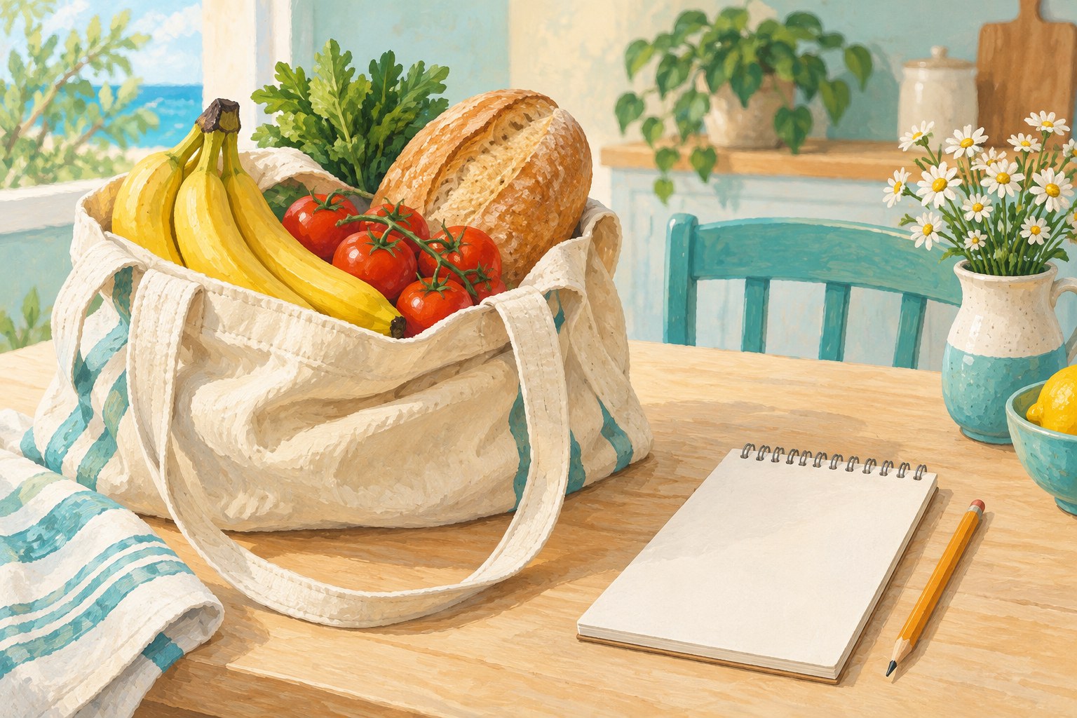 AI illustration of groceries and a blank shopping list, not Sigo's store or actual products.