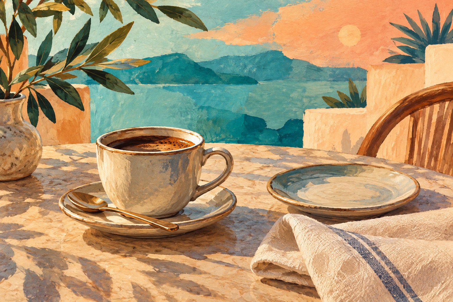 AI illustration of coffee on an imaginary terrace; not Guayoyo's premises, food or view.