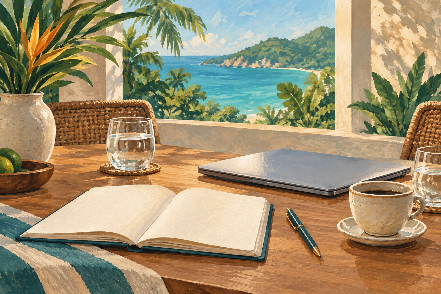 AI illustration of a meeting-planning notebook, laptop and coffee in an imaginary tropical setting; not Lidotel's facilities or view.