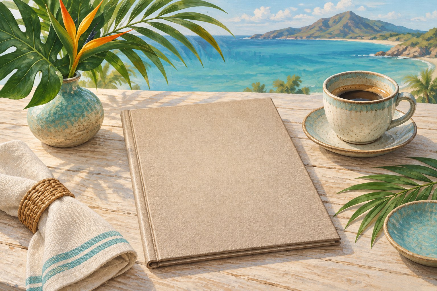 AI-generated illustration of a menu booklet, coffee cup and table setting, not a photograph of Juana La Loca