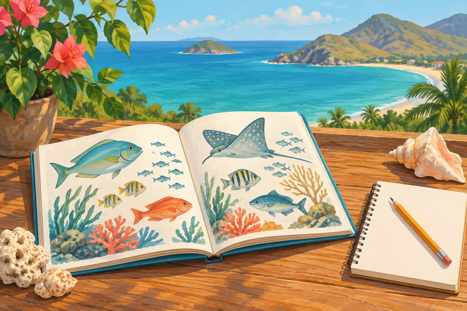 AI illustration of an imaginary marine-life picture book beside the sea; not the recommended publication