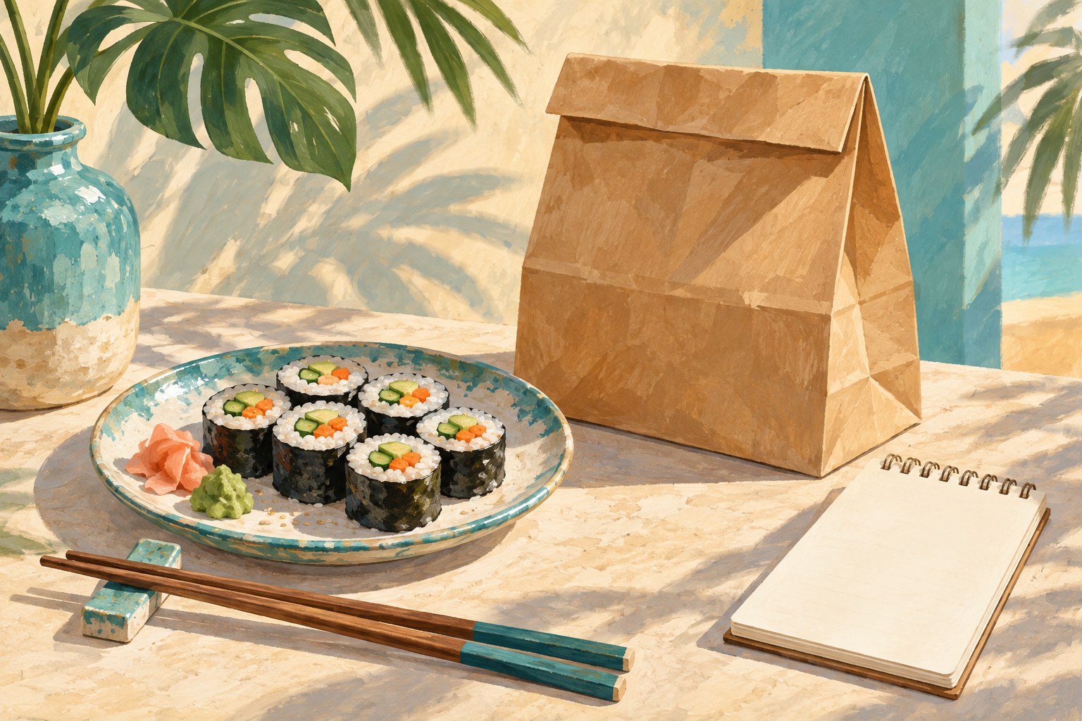 AI illustration of a takeaway bag and vegetable sushi; not actual Bushido food or premises.