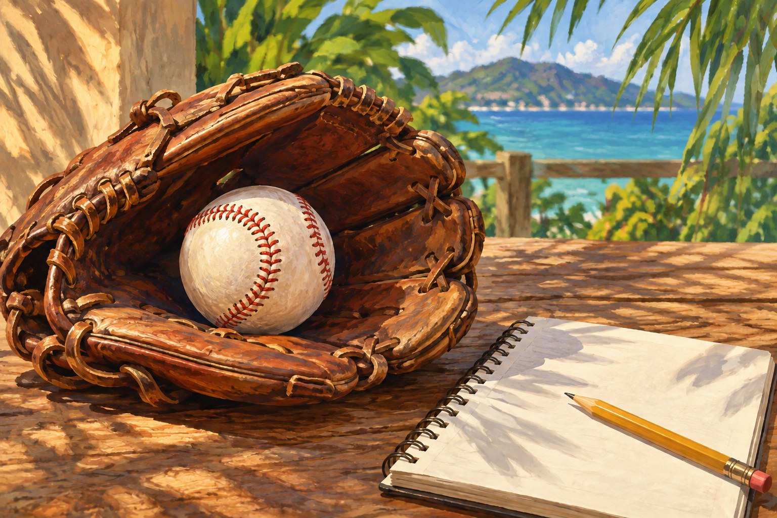 AI-generated conceptual illustration of a baseball, glove and blank notebook, not a team or stadium photograph