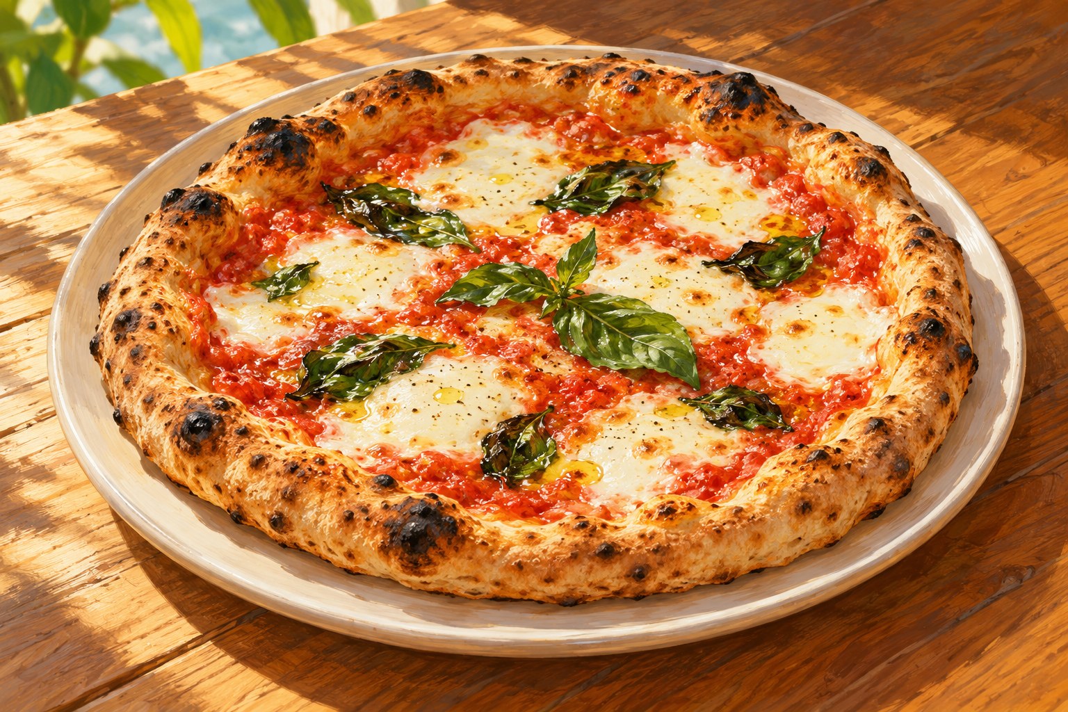 AI-generated illustration of a pizza with tomato, cheese and basil, not a photograph of a Portarossa dish
